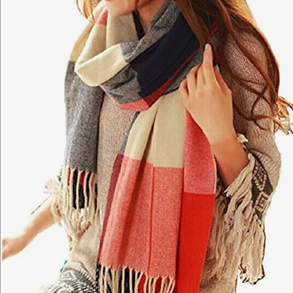 🔥🔥NWT LORITTA Long plaid scarf/shawl/wrap ,red-navy lattice. - Picture 1 of 7